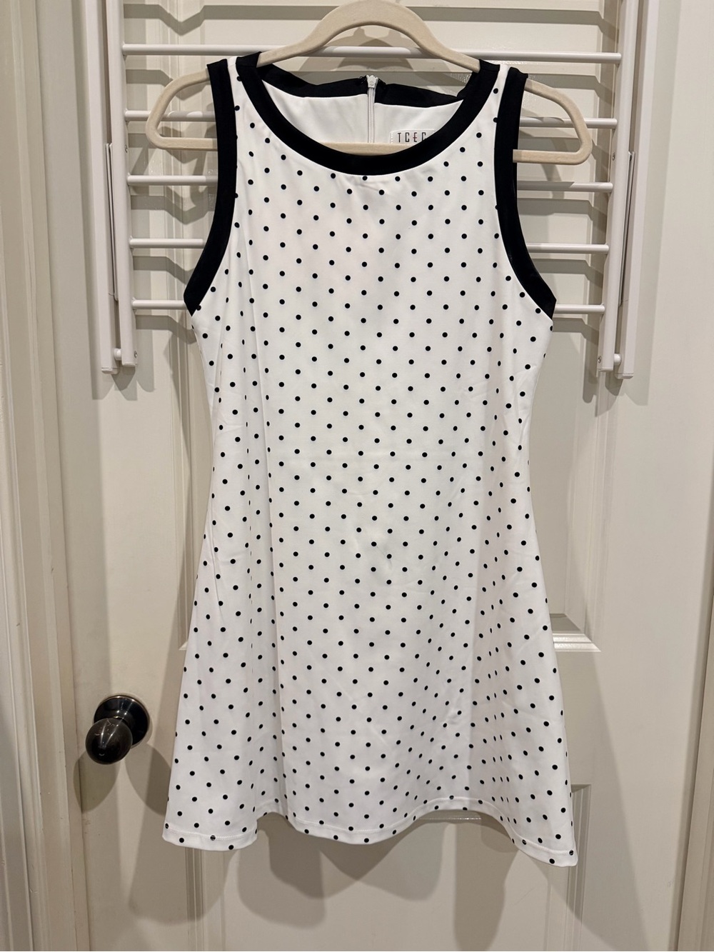 TCEC White Polka Dot Sleeveless A-Line Athletic Dress with Black Trim
